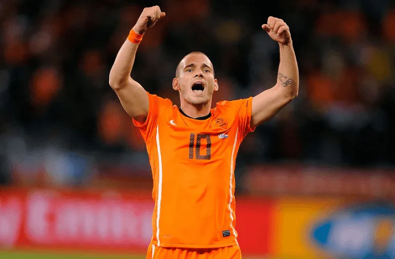 Sneijder ăn mừng bàn thắng ấn định tỷ số đậm đà 4-1 trước đội tuyển Pháp.